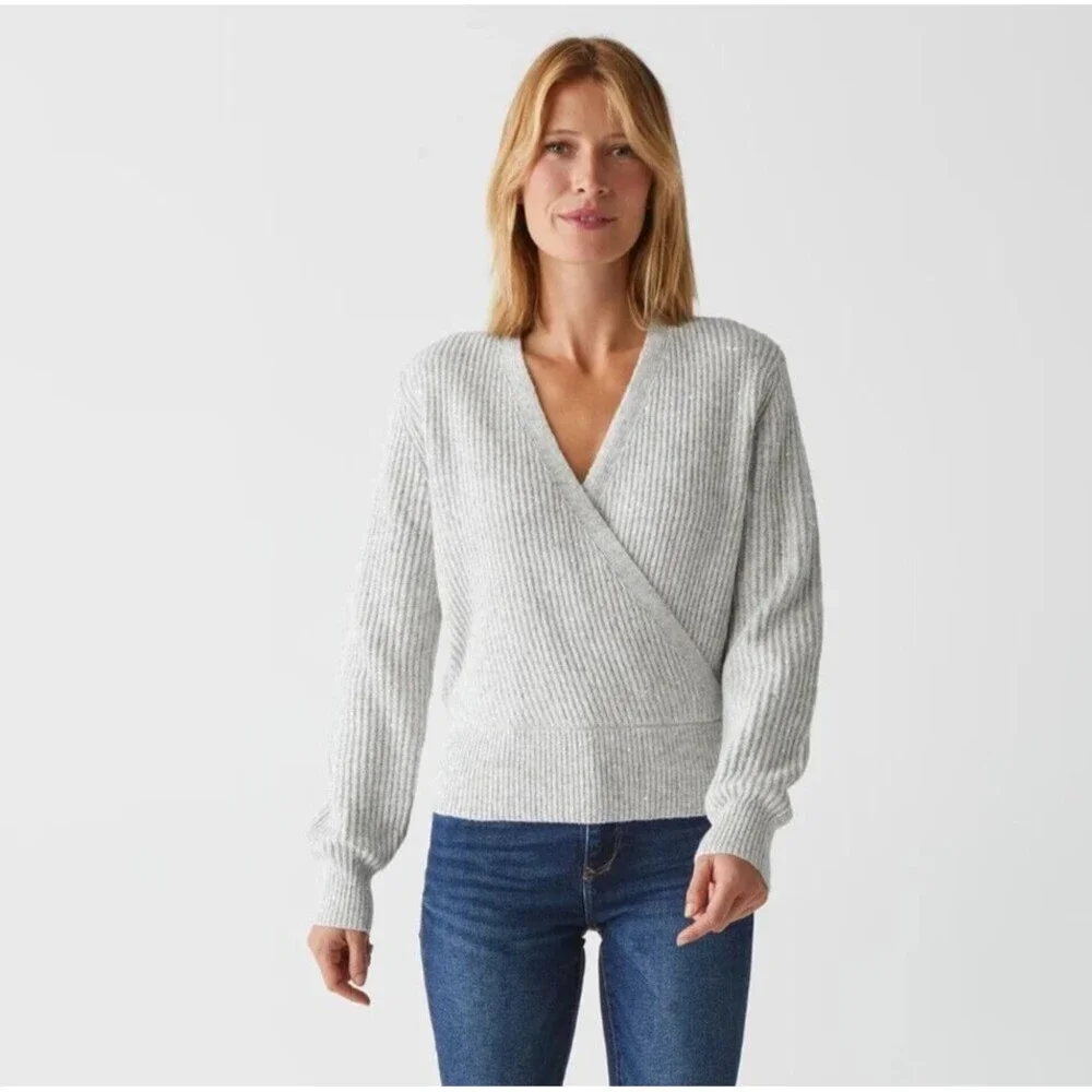 Michael Stars Laurel Sweater Womens XS Petite Gray Wool Sequins V Neck $198 NEW!